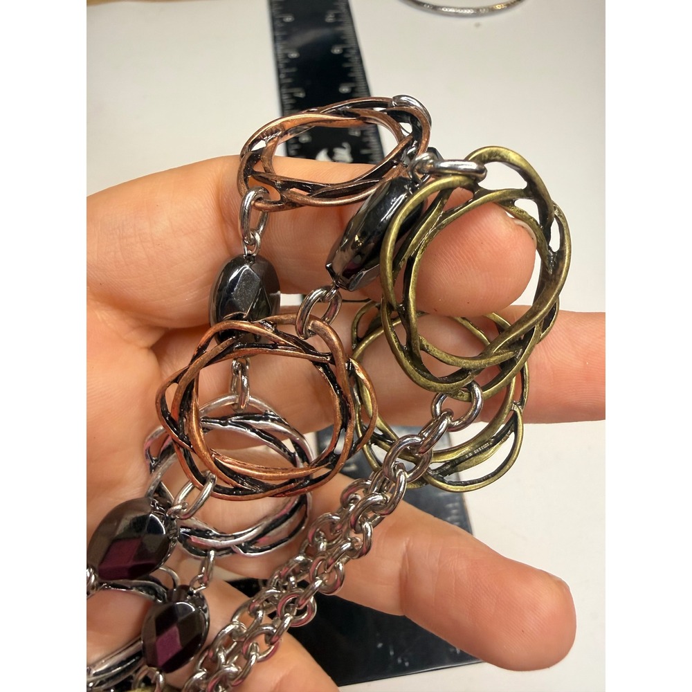 Mixed Metal Multi Tone Intertwined Ring Station Necklace Black Faceted Beads